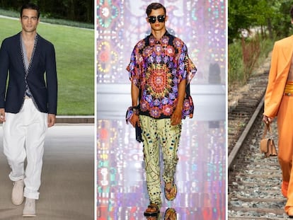 Tres modelos desfilan para (de izquierda a derecha) Giorgio Armani, Dolce & Gabbana y Etro, en junio de 2021 en la Semana de la moda masculina de Milán.