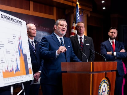 Republican Senator Ted Cruz in an appearance on Capitol Hill in Washington against the immigration bill and aid to Ukraine and Israel.