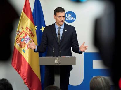 El presidente del Gobierno español, Pedro Sánchez, durante su comparecencia tras la reunión del Consejo Europeo.