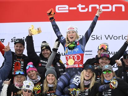 Mikaela Shiffrin después de conseguir el récord de 83 victorias en la Copa del Mundo de Esquí Alpino, en Kronplatz, Italia, este martes.