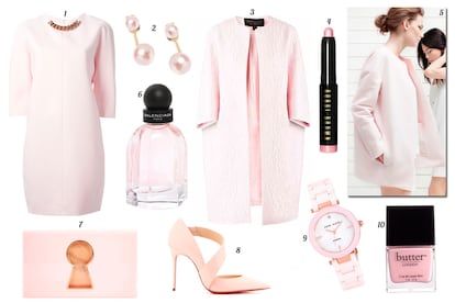 1. Victoria Beckham Vestido con manga francesa y cadena en el cuello. 2. Asos Pendientes con perlas sintéticas. 3. Giambattista Valli Abrigo oversize. 4. Bobbi Brown Stick de sombra de ojos. 5. Mango. 6. Balenciaga Paris Eau de toilette 'L'Eau Rose'. 7. Charlotte Olympia Clutch rígido con ojo de cerradura. 8. Christian Louboutin Salones de tacón con tira diagonal. 9. Anne Klein Reloj con correa de plástico. 10. butter LONDON Laca de uñas.