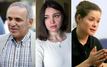 Desde la derecha: el ajedrecista Gari Kasparov; la periodista Zhana Nemtsov y la activista María Gaidar.