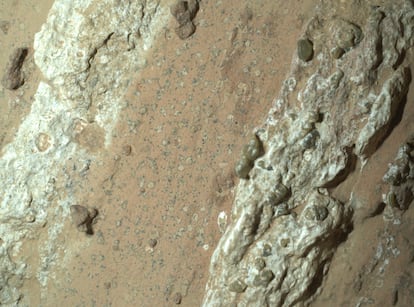 Manchas en una roca halladas en Marte.