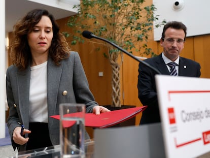 Isabel Díaz Ayuso, el miércoles tras la reunión del Gobierno madrileño en Leganés.