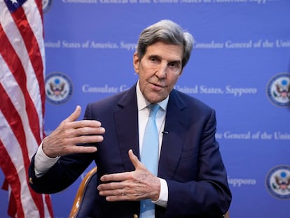 U.S. Special Presidential Envoy for Climate John Kerry speaks during an interview with The Associated Press at the U.S. Consulate General after the G-7 ministers' meeting on climate, energy and environment in Sapporo, northern Japan, Sunday, April 16, 2023.