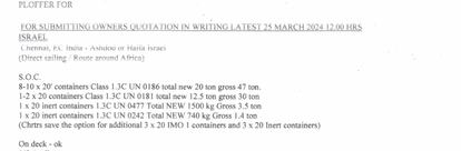 Fragmento de la oferta de servicios del buque 'Borkum' donde se menciona como destino los puertos israelíes de Ashdod y Haifa, así como los códigos de las armas que transporta.