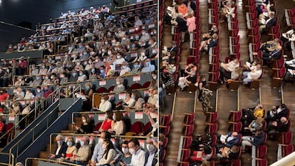 Audience members in the upper galleries (l) and on the ground floor (r)  before Sunday‘s performance at the Teatro Real.