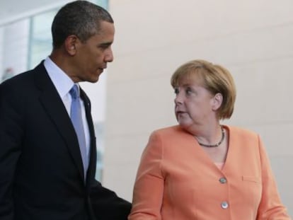 Barack Obama e Angela Merkel em junho de 2013 em Berlim.