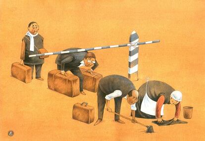 La viñeta ganadora del primer concurso de humor gáfico sobre derechos laborales, del dibujante kazako Galym Boranbayev.