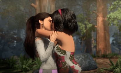 Dos chicas se besan en la serie de Netflix 'Jurassic World: Campamento Cretácico'.