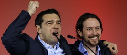 El nuevo presidente de Grecia, Alexis Tsipras, y el secretario general de Podemos, Pablo Iglesias.