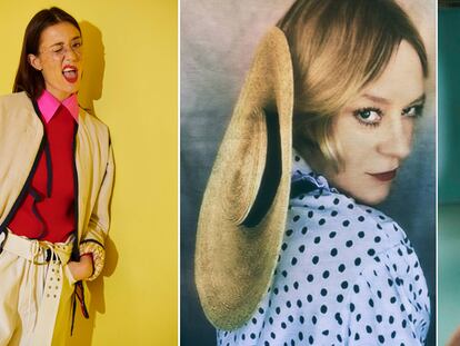 En el centro, Chloë Sevigny con camisa de La Fetiche fotografiada por Elizaveta Porodina para The Cut. En los laterales, imágenes de los diseños de la firma.