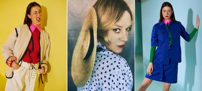 En el centro, Chloë Sevigny con camisa de La Fetiche fotografiada por Elizaveta Porodina para The Cut. En los laterales, imágenes de los diseños de la firma.