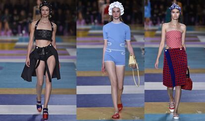 Tres diseños de Miuccia Prada para la colección de esta primavera/verano de Miu Miu.