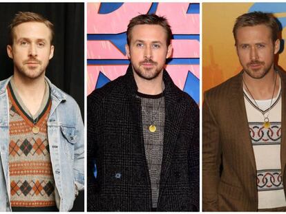 El actor Ryan Gosling, con el mismo collar durante la gira de su última película en Los Ángeles, Londres, París y Berlín.