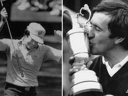 Sobre estas líneas, Ballesteros en su triunfo en el Masters de Augusta, el primero, en 1980. A la derecha, besando el trofeo del Open Británico de 1988.