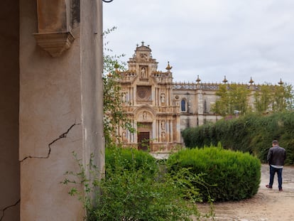 Detalle de una de las grietas que han aparecido en la capilla exterior de la Cartuja de Jerez, una de los pocos espacios visitables del monumento.