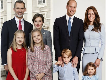 A la derecha, los Reyes de España, don Felipe VI y doña Letizia, con sus dos hijas; y a la izquierda, los duques de Cambridge, Guillermo de Inglaterra y Kate Middleton.