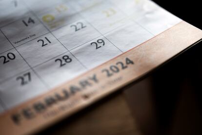 A calendar shows the month of February, including leap day, Feb. 29, on Friday, Feb. 23, 2024, in San Diego.