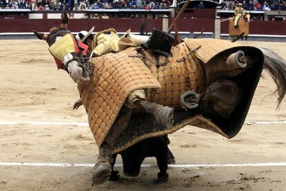 El caballo del picador cae al suelo durante el primer toro de la tarde.