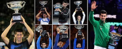 Djokovic posa con sus ocho títulos de Australia.