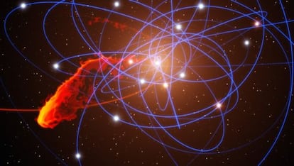 Ilustración de la nube de gas que se está precipitando hacia el agujero negro de la Vía Láctea. La trayectoria de la nube se señala en rojo y las de las estrellas del entorno, en azul.