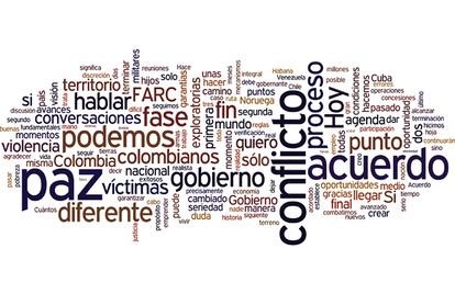 Era septiembre de 2012 cuando el presidente Santos anunció el ‘Acuerdo General para la Terminación del Conflicto’. Los diálogos de paz estaban a punto de comenzar en La Habana. En su discurso usó la palabra paz 17 veces, las mismas que pronunció el término conflicto. Acuerdo fue el tercer sustantivo que más utilizó, en 15 ocasiones. Para reforzar su compromiso recurrió al verbo podemos en nueve momentos y solo nombró a las FARC en ocho.