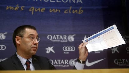 Bartomeu, en una rueda de prensa este martes para explicar el fichaje de Neymar.