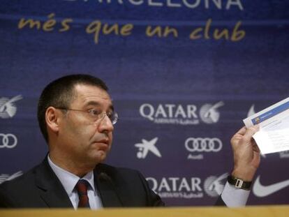 Bartomeu, en una rueda de prensa este martes para explicar el fichaje de Neymar.