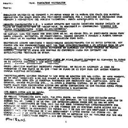 Copia de las comunicaciones telegráficas remitidas por el embajador español en la ONU, Inocencio Arias, a la ministra de Exteriores, Ana Palacio.