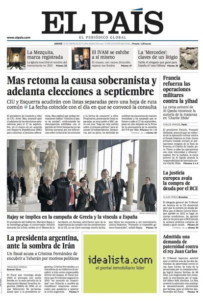 EL PAÍS destaca que Mas reprèn la causa sobiranista i avança les eleccions al setembre.