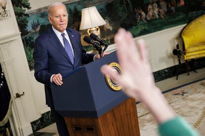 El presidente de los Estados Unidos, Joe Biden, durante la rueda de prensa celebrada en la Casa Blanca el 8 de febrero. 
