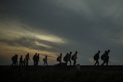 Un grupo de refugiados camina junto a las vías del ferrocarril, cerca de la ciudad de Roszke, Hungría, tras cruzar la frontera de Serbia.