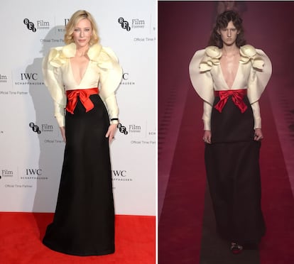 Solo 14 días después de que Gucci presentara en Milán su colección para la primavera de 2017, Cate Blanchett ya lucía uno de sus diseños. La actriz acudió con este elegante conjunto ideado por Alessandro Michele a una gala celebrada en Londres.