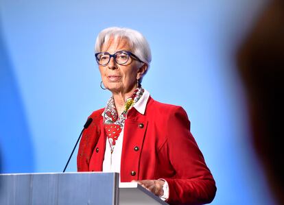 La presidenta del BCE, Christine Lagarde, durante una rueda de prensa reciente en Estocolmo.