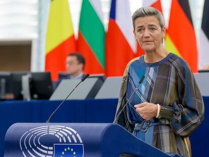 La vicepresidenta de la Comisión Europea y encargada de Competencia, Margrethe Vestager, en una intervención en el Parlamento Europeo en Estrasburgo, la semana pasada.