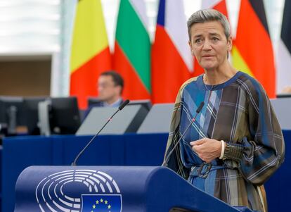 La vicepresidenta de la Comisión Europea y encargada de Competencia, Margrethe Vestager, en una intervención en el Parlamento Europeo en Estrasburgo, la semana pasada.