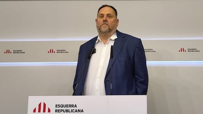 El presidente de ERC, Oriol Junqueras, en una rueda de prensa.