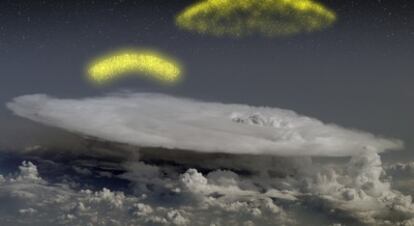 Ilustración de electrones que ascienden de una nube de tormenta.