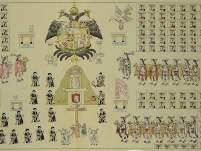 La lámina de mayor tamaño del Lienzo de Tlaxcala. Al centro se halla el escudo imperial de España seguido del escudo de Tlaxcala colonial. Lámina extraída de la versión del códice Chavero.