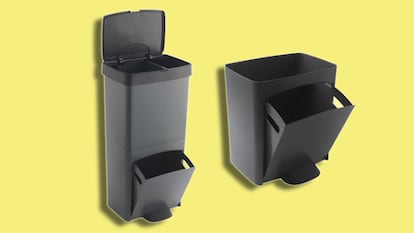 Artículo de EL PAÍS Escaparate que describe el cubo de basura de 70 litros con tres compartimentos top ventas en Amazon.