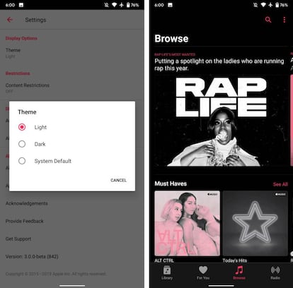 Modo oscuro en la beta de Apple Music para Android.