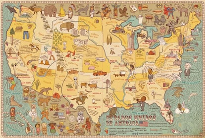 El libro de Aleksandra Mizielinska y Daniel Mizielinski muestra 55 mapas a doble página para que los más pequeños descubran las curiosidades de distintos países. En Estados Unidos, las miniaturas dibujan los rascacielos de Chicago, los taxis de Nueva York y el oso grizzly.