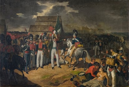 Pintura por Carlos París mostrando el resultado de la batalla de Tampico, Tamaulipas, el 11 de septiembre de 1829, cuando tropas españolas intentando reconquistar a México después de haberse vuelto independiente de España en 1821 fueron derrotadas. Antonio López de Santa Anna, comandante de las tropas mexicanas, retratado en el centro, da órdenes a un hombre a caballo. Museo Nacional de Historia, Castillo de Chapultepec