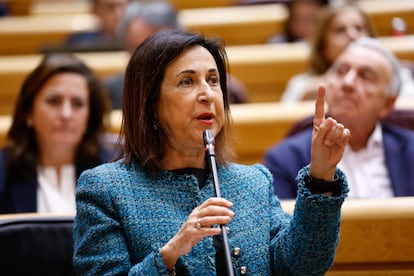 La ministra de Defensa, Margarita Robles, durante la sesión de control al Gobierno en el Senado, este martes.