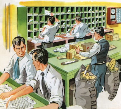Ilustración de 1951 que muestra a unos trabajadores recibiendo correo en una oficina. Y no precisamente electrónico.