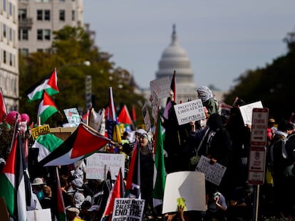 Miles de personas se manifiestan en solidaridad con los palestinos, este sábado en Washington.