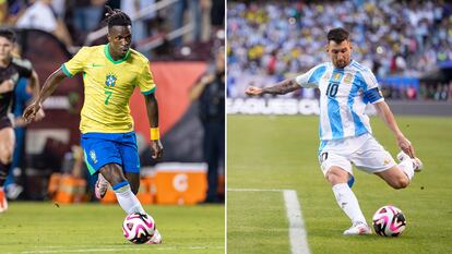 Vinicius Jr, de Brasil, y Lionel Messi, de Argentina, durante partidos amistosos de preparación.