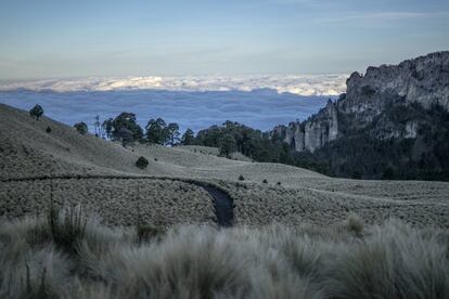 Un espeso manto de nubes cubre las faldas del Iztaccíhuatl. Los glaciares mexicanos luchan contra un efecto local: como una pescadilla que se muerde la cola, conforme se funde el hielo glaciar, aparece la roca oscura de la montaña que, en vez de reflejar la radiación solar, la absorbe, lo que provoca un calentamiento adicional.