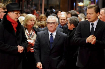 Martin Scorsese  y Leonardo Di Caprio a su lllegada al estreno de <b><i>Shutter island,</i></b><b> el sábado en Berlín.